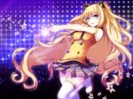  animal_ears armlet blonde_hair blue_eyes cat_ears fang finger_gun leg_up long_hair open_mouth seeu skirt sleeveless solo star thighhighs very_long_hair vocaloid white_legwear yuuki_kira zettai_ryouiki 