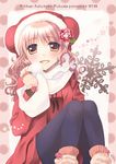  black_legwear blush brown_eyes double_bun fingerless_gloves fukuda_fukutarou gloves hair_down hidamari_sketch hiro hood hoodie long_hair pantyhose pink_hair scarf smile snowflakes solo 