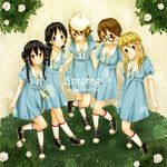  akiyama_mio alternate_hairstyle bad_id bad_pixiv_id beret bespectacled black_hair blonde_hair blue_eyes blue_skirt braid brown_eyes brown_hair flower glasses hair_over_shoulder hat hirasawa_yui k-on! k-on!_movie kotobuki_tsumugi multiple_girls mxnxm nakano_azusa rose short_hair singing! skirt tainaka_ritsu twin_braids 