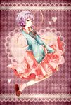  argyle argyle_background bad_id bad_pixiv_id frills hairband heart kaio_(watagami) komeiji_satori lavender_hair purple_eyes shoe_dangle skirt sleeves_past_wrists slippers solo third_eye touhou 