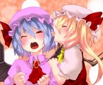  ascot bat_wings biting blonde_hair blue_hair blush clenched_hands closed_eyes ear_biting eargasm face fingernails flandre_scarlet hat incest multiple_girls nail_polish one_eye_closed open_mouth pointy_ears red_eyes remilia_scarlet round_teeth saliva siblings side_ponytail sisters soubi teeth touhou wince wings yuri 