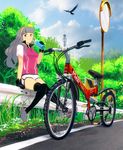  bad_id bad_pixiv_id bicycle bird black_legwear bottle brown_eyes cloud day gloves ground_vehicle idolmaster idolmaster_(classic) idolmaster_2 long_hair masao road road_sign shijou_takane shoes shorts sign silver_hair sitting sky smile solo thighhighs water_bottle 