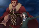  armor bangs beard black_eyes black_hair cape dark_skin dark_skinned_male facial_hair fate/zero fate_(series) feather19 male_focus multiple_boys necktie parted_bangs red_hair rider_(fate/zero) size_difference waver_velvet 