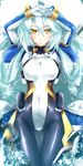  arms_up bad_id bad_pixiv_id big_hair blue_hair bodysuit drill_hair highres kyoukaisenjou_no_horizon long_hair looking_at_viewer nate_mitotsudaira pantyhose risutan skin_tight smile solo thigh_gap very_long_hair wide_hips yellow_eyes 