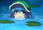  blue_eyes blue_hair bubble bubble_blowing hair_bobbles hair_ornament hat kawashiro_nitori lily_pad ryuu_(multitask) short_hair sketch solo touhou two_side_up wading water 