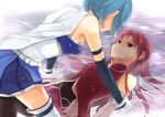  alternate_hairstyle bare_shoulders blood blue_eyes blue_hair boots cape cuts detached_sleeves girl_on_top gloves hair_down injury jing_hu long_hair lying magical_girl mahou_shoujo_madoka_magica miki_sayaka multiple_girls on_back partially_submerged red_eyes red_hair sakura_kyouko short_hair skirt water wet 