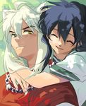  1girl animal_ears closed_eyes dog_ears happy higurashi_kagome hug hug_from_behind inuyasha inuyasha_(character) jewelry necklace school_uniform serafuku shade short_sleeves smile tossam 