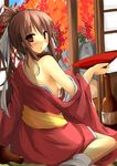  :o absurdres back bare_shoulders blush bottle breasts brown_eyes brown_hair cup hair_ornament hair_ribbon highres holding japanese_clothes kimono looking_at_viewer looking_back off_shoulder orange_eyes original ponytail ribbon sakazuki sake_bottle shoulder_blades sidelocks sitting small_breasts solo tozuka_natsuru tree wariza 