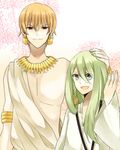  androgynous blonde_hair bracelet earrings enkidu_(fate/strange_fake) fate/stay_night fate/strange_fake fate/zero fate_(series) gilgamesh green_eyes green_hair hand_on_another's_head highres jewelry long_hair male_focus multiple_boys necklace open_mouth otoko_no_ko red_eyes shirtless short_hair smile tanuma_(tanuma916) toga 