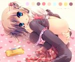  :o amanatsu_yuzuka ass bad_id bad_pixiv_id black_legwear blue_eyes blush brown_hair covering covering_crotch fetal_position hair_bobbles hair_ornament hair_twirling heart looking_at_viewer lying on_side open_mouth original panties panty_pull pencil pencil_case pleated_skirt polka_dot ruler school_uniform short_hair short_twintails skirt solo striped striped_panties thighhighs thighs twintails underwear 