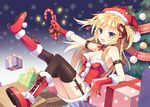  :d bare_shoulders black_legwear blonde_hair boots bow breasts candy candy_cane choker christmas christmas_tree cleavage fang food fur_trim gift gloves hair_bow hat holding holding_candy_cane holly leg_lift long_hair mauve medium_breasts open_mouth original purple_eyes red_gloves santa_costume santa_hat smile snowflakes solo star thighhighs two_side_up 