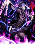  blue_hair breasts chinese_clothes claws glowing glowing_eyes hat highres jiangshi medium_breasts miyako_yoshika ofuda outstretched_arms purple_eyes ryuuichi_(f_dragon) short_hair solo touhou zombie_pose 