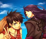  black_eyes black_hair chiori cloud crossover day hat long_hair male_focus monkey_d_luffy multiple_boys one_piece purple_hair sky smile straw_hat tales_of_(series) tales_of_vesperia v yuri_lowell 