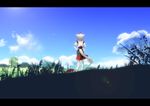  animal_ears cloud day fake_screenshot field from_behind hand_on_hip hat inubashiri_momiji kanameya letterboxed shield skirt sky solo tail tokin_hat touhou white_hair wolf_ears wolf_tail 