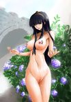  1girl android anns_garden black_eyes black_hair breasts choker cyborg erect_nipples flower hydrangea large_breasts long_hair nipples nude outdoors pussy rain shaved_pussy snail solo standing uncensored wet zenra 