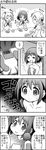  4koma =_= bathroom_scale cake collarbone comic commentary_request eating food greyscale hair_ornament hair_ribbon hairclip highres i'm_such_a_fool kaname_madoka kyubey mahou_shoujo_madoka_magica miki_sayaka monochrome multiple_girls naked_towel ribbon school_uniform short_hair short_twintails smile tears tomoe_mami towel translated twintails weighing_scale weight_conscious yuuki_akira 