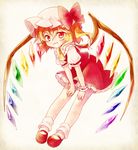  blonde_hair chaba_(hortensia) crystal flandre_scarlet grin hat long_hair mary_janes red_eyes shirt shoes side_ponytail skirt skirt_set smile solo touhou wings wrist_cuffs 