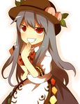  blue_hair food fruit grin hand_to_own_mouth hat hinanawi_tenshi long_hair peach red_eyes smile solo touhou uiru 