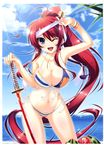  ;d absurdres appare!_tenka_gomen bikini blindfold breasts cleavage cloud day food front-tie_top fruit highres katagiri_hinata large_breasts lens_flare long_hair navel one_eye_closed open_mouth ponytail red_hair shiny shiny_skin side-tie_bikini sky smile solo suikawari swimsuit tokugawa_yoshine very_long_hair watermelon 