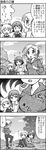  4koma alternate_hairstyle breast_envy comic commentary_request drill_hair gloom_(expression) greyscale hair_ornament hairclip highres hood hoodie index_finger_raised kaname_madoka looking_at_breasts mahou_shoujo_madoka_magica miki_sayaka monochrome multiple_girls ponytail running school_uniform short_hair short_twintails sitting sweat tomoe_mami towel track_suit translated twin_drills twintails yuuki_akira ||_|| 