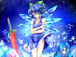  blue_eyes blue_hair bow breasts cirno cleavage food frog frozen frozen_frog fruit hair_bow highres ice medium_breasts monikano older popsicle_stick short_hair solo sword teenage touhou undone_necktie watermelon weapon wind wings 