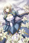  ahoge artoria_pendragon_(all) blonde_hair dress fate/stay_night fate_(series) flower green_eyes highres lilian090 lily_(flower) puffy_sleeves saber solo 