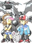  1girl baseball_cap brown_hair denim denim_shorts gen_5_pokemon hat long_hair minccino parody pokemon pokemon_(creature) pokemon_(game) pokemon_bw ponytail shorts style_parody tenzaru_(tegaki) touko_(pokemon) touya_(pokemon) zekrom 