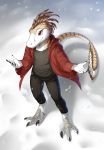  2018 5_fingers ambiguous_gender anthro barefoot brown_fur clothed clothing digital_media_(artwork) dinosaur fur jay-kuro raptor red_eyes reptile scalie smile solo standing theropod white_fur 