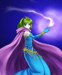  74 blue_eyes bracelet cape dress elbow_gloves fire_emblem fire_emblem:_rekka_no_ken gloves green_hair hairband jewelry magic nino_(fire_emblem) purple_hairband short_hair solo 