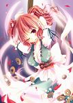  blush breasts cleavage coin hair_bobbles hair_ornament medium_breasts obi one_eye_closed onozuka_komachi red_eyes red_hair sash scythe short_hair smile solo touhou two_side_up yuzuki_(rurirara) 