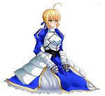  ahoge armor armored_dress artoria_pendragon_(all) bad_id bad_pixiv_id blonde_hair dress fate/stay_night fate_(series) faulds gauntlets green_eyes hair_ribbon ribbon rihito_akane saber simple_background sitting solo white_background 