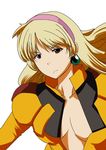  blonde_hair bodysuit breasts brown_eyes cleavage earrings eruichi_(redphantom) gundam hairband jewelry katejina_loos large_breasts long_hair orange_bodysuit orange_shirt pilot_suit shirt simple_background skin_tight solo unzipped victory_gundam 