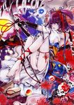  anklet armpits barefoot detached_sleeves feet geta hair_bobbles hair_ornament highres japanese_clothes jewelry nail_polish onozuka_komachi panties purple_eyes purple_hair renzuoen scythe short_hair skull solo touhou traditional_media two_side_up underwear watercolor_(medium) 