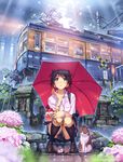  black_eyes black_hair breasts cat flower ground_vehicle hydrangea kitten md5_mismatch original outdoors overhead_line pantograph rain school_uniform sign skirt sky small_breasts socks squatting train umbrella vania600 