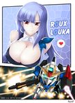  bare_shoulders beam_rifle breasts character_name chibi cleavage dual_wielding earrings energy_gun energy_sword explosion gun gundam gundam_zz haganef heart highres holding hoop_earrings jewelry large_breasts long_hair mecha purple_hair red_eyes roux_louka signature space spoken_heart sword weapon zeta_gundam_(mobile_suit) 