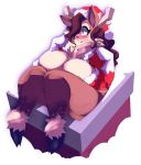  2018 absurd_res anthro big_breasts black_nose blue_eyes blush breasts brown_hair cervine chimney christmas cleavage clothed clothing cloven_hooves female gloves hair hair_over_eye hat hi_res holidays hooves horn huge_breasts long_hair mammal olive_(rawk_manx) riendonut santa_hat solo stuck thick_thighs 