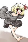  :d akou_roushi alternate_costume barefoot blonde_hair blush bottomless bow child fang feet hair_bow hair_ribbon naked_sweater no_pants open_mouth outstretched_leg oversized_clothes ribbed_sweater ribbon rumia short_hair sleeves_past_fingers sleeves_past_wrists smile soles solo sweater toes touhou 