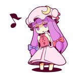  blush book chibi crescent dress hair_ribbon hat long_hair musical_note open_mouth patchouli_knowledge pink_dress purple_eyes purple_hair ribbon shijuuhatte simple_background smile solo taiga_mahoukan touhou translated white_background 