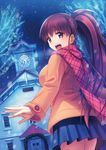  blue_skirt breasts brown_eyes brown_hair clock coat dutch_angle from_behind kichiroku long_hair looking_at_viewer looking_back medium_breasts open_mouth plaid plaid_scarf ponytail scarf skirt smile snow solo taneshima_popura winter winter_clothes working!! 