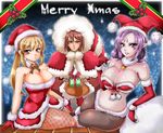  1boy 2girls alternate_costume areola_slip areolae bandeau blonde_hair blush bow breasts brown_eyes brown_hair christmas cleavage coat curvy da_ji detached_sleeves dress facial_mark fishnet_pantyhose fishnets fur_trim gift gloves hat hips holding holding_gift holly ishida_mitsunari_(sengoku_musou) large_breasts lips multiple_girls musou_orochi navel pantyhose pointy_ears ponytail purple_eyes purple_hair red_gloves ribbon santa_costume santa_hat sengoku_musou shin_sangoku_musou wang_yuanji wide_hips yellow_eyes 