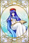  74 art_nouveau blue_eyes blue_hair book cape dress fire_emblem fire_emblem:_fuuin_no_tsurugi hat jewelry lilina long_hair solo 