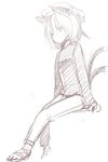  bad_id bad_pixiv_id chen kurokuro monochrome pants sitting sketch solo touhou 