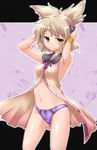  armpits blonde_hair bracelet brown_eyes earmuffs hands_on_headphones highres jewelry lace lace-trimmed_panties midriff navel no_pants open_clothes open_shirt panties purple_panties shirt short_hair sleeveless sleeveless_shirt solo touhou toyosatomimi_no_miko underwear wristband yoshi_tama 