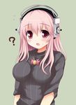  :o ? blush bow breasts green_background headphones impossible_clothes impossible_sweater looking_at_viewer mikurun nitroplus pink_eyes pink_hair ribbed_sweater simple_background solo super_sonico sweater upper_body 