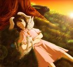  1girl animal_ears black_hair blue_eyes bunny bunny_ears carrot carrot_necklace closed_eyes eyes_closed female forsaken-arts grass inaba_tewi jewelry necklace scar short_hair sleeping smile solo sun sunrise sunset touhou tree 