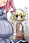  akou_roushi alternate_costume alternate_eye_color arm_warmers bare_shoulders blonde_hair blue_eyes blush breast_envy breasts large_breasts looking_at_breasts mizuhashi_parsee multiple_girls onozuka_komachi paru_paru pointy_ears ribbed_sweater scarf short_hair skirt sleeveless sweater touhou translated 