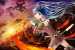  aqua_eyes blue_hair dragon fantasy fire kamome_yuu long_hair looking_back original skirt sun tiara 