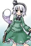  akou_roushi alternate_costume black_hairband blue_eyes blush green_shirt hair_ribbon hairband hitodama konpaku_youmu konpaku_youmu_(ghost) ribbed_sweater ribbon shirt short_hair silver_hair skirt solo sweater sword touhou weapon 