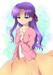  cosplay fate/stay_night fate_(series) flower hair_ribbon half_updo matou_sakura matou_sakura_(cosplay) nfr purple_eyes purple_hair ribbon solo toosaka_rin what_if 