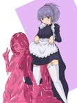  apron goo_girl kaname_(artist) legwear maid maid_apron monster_girl multiple_girls purple_hair red_eyes skirt skirt_lift slime slime_girl slimegirl stockings thighhighs 